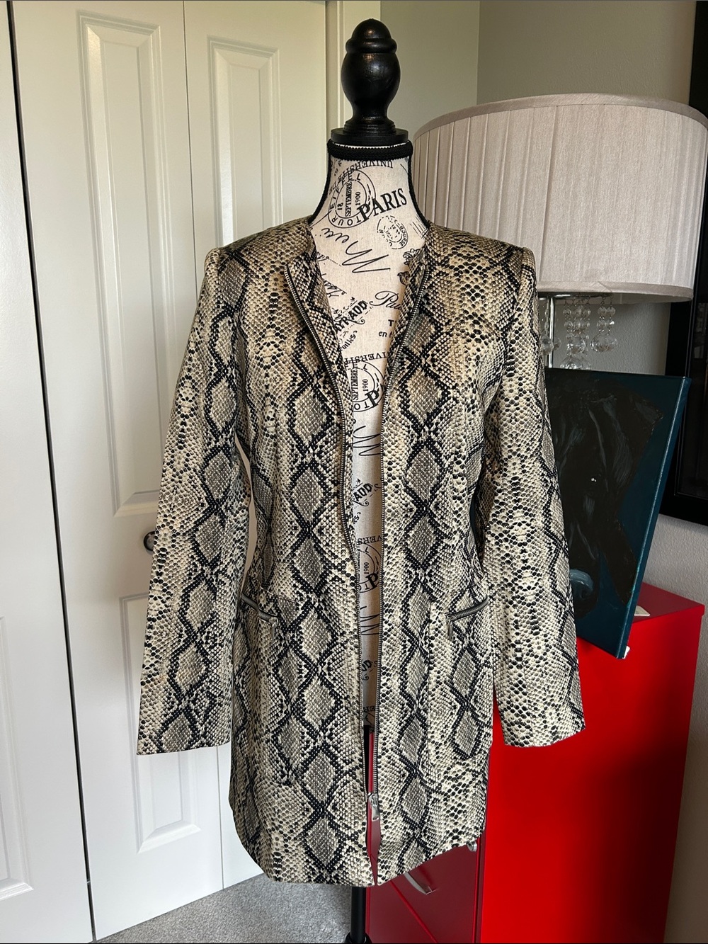 NWOT Snake Print Long Zip Front Coat in Neutral Tones
